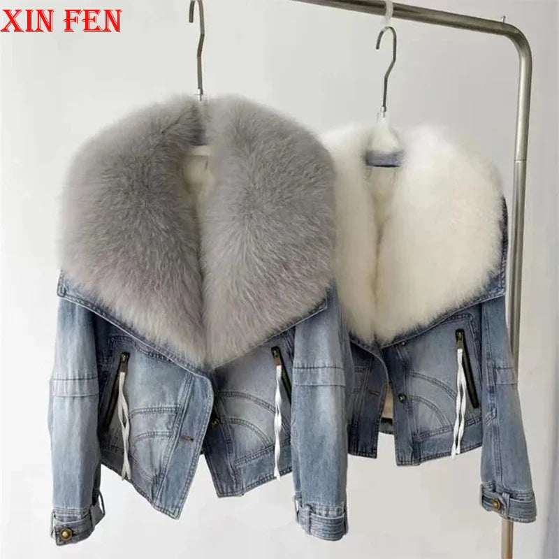 2023 Winter Women New Luxury Natural True Fox Fur Big Collar Goose Down Denim Down Jackets Short Warm Casual  Jacket Coat