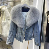 2023 Winter Women New Luxury Natural True Fox Fur Big Collar Goose Down Denim Down Jackets Short Warm Casual  Jacket Coat