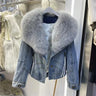 2023 Winter Women New Luxury Natural True Fox Fur Big Collar Goose Down Denim Down Jackets Short Warm Casual  Jacket Coat