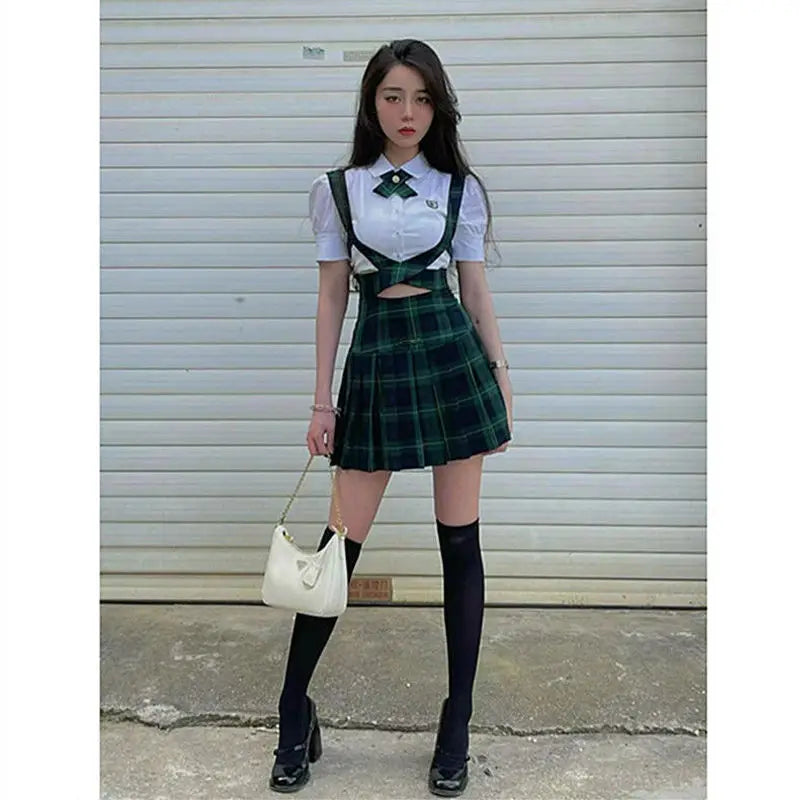 2023 japan korea jk college style fashion uniform dress halter pleated skirt + short shirt two pieces set for women summer g865