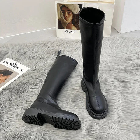 2024 Autumn Winter Women Long Boots PU Leather Ladies Zipper Knight Flats Heel Boots Fashion Non Slip High Heel Knee-high Boots