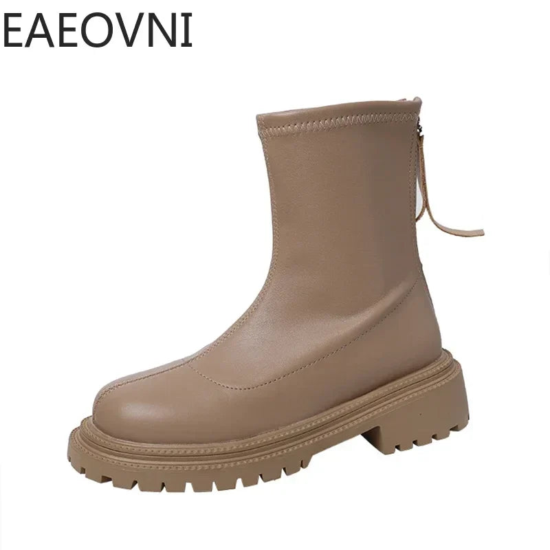 2024 Autumn Winter Women Long Boots PU Leather Ladies Zipper Knight Flats Heel Boots Fashion Non Slip High Heel Knee-high Boots