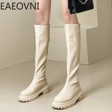 2024 Autumn Winter Women Long Boots PU Leather Ladies Zipper Knight Flats Heel Boots Fashion Non Slip High Heel Knee-high Boots