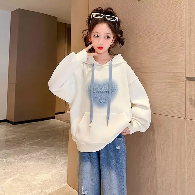 2024 Autumn winter spring Girls clothes Hooded white Sweatshirt Baby t-shirt Dresses teenager Kid Princess 6 7 8 9 10 11 12 year