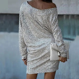 2024 Chic Sequin Party Dress For Women Red Silver Gold Diagonal Collar Long Sleeves Short Prom Dresses Lady Elegant Sparkly Gown