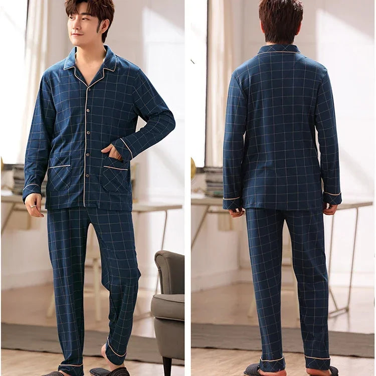 2024 Men's Pajama Sets Simple Sleepwear Long Sleeve Cotton Top Pant Leisure Outwear Soft Autumn Winter Loungewear Plus Size 6XL