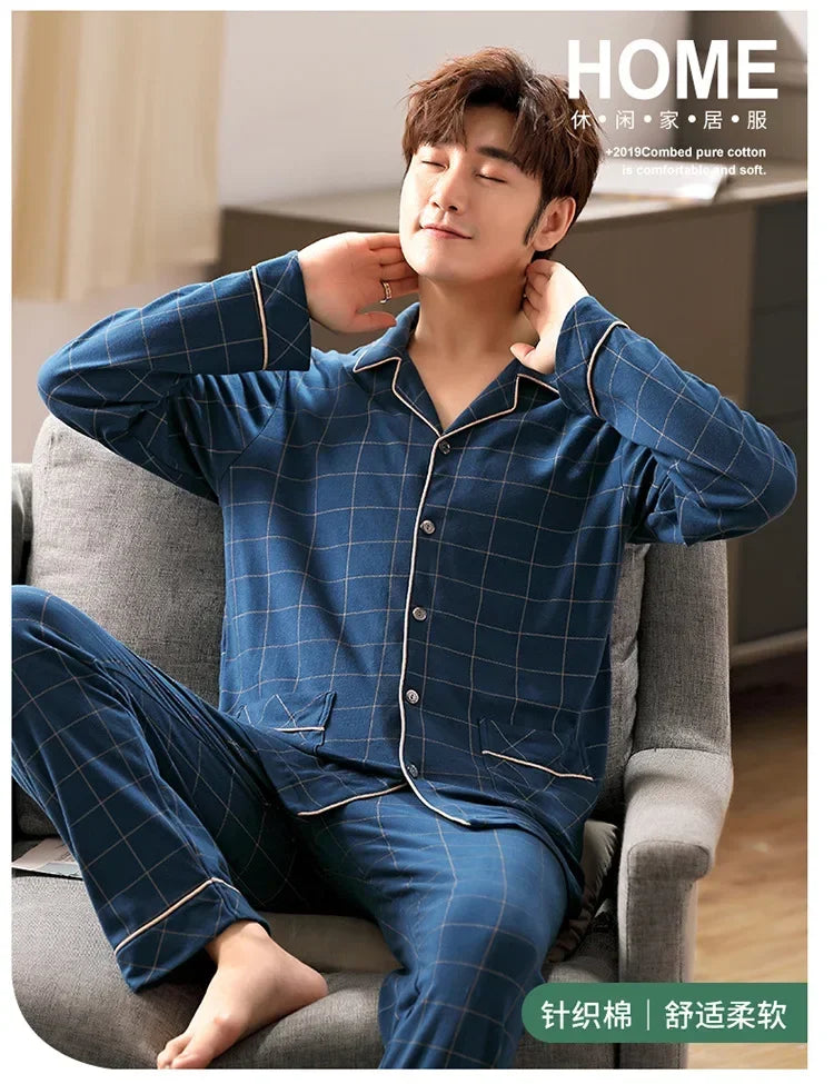 2024 Men's Pajama Sets Simple Sleepwear Long Sleeve Cotton Top Pant Leisure Outwear Soft Autumn Winter Loungewear Plus Size 6XL