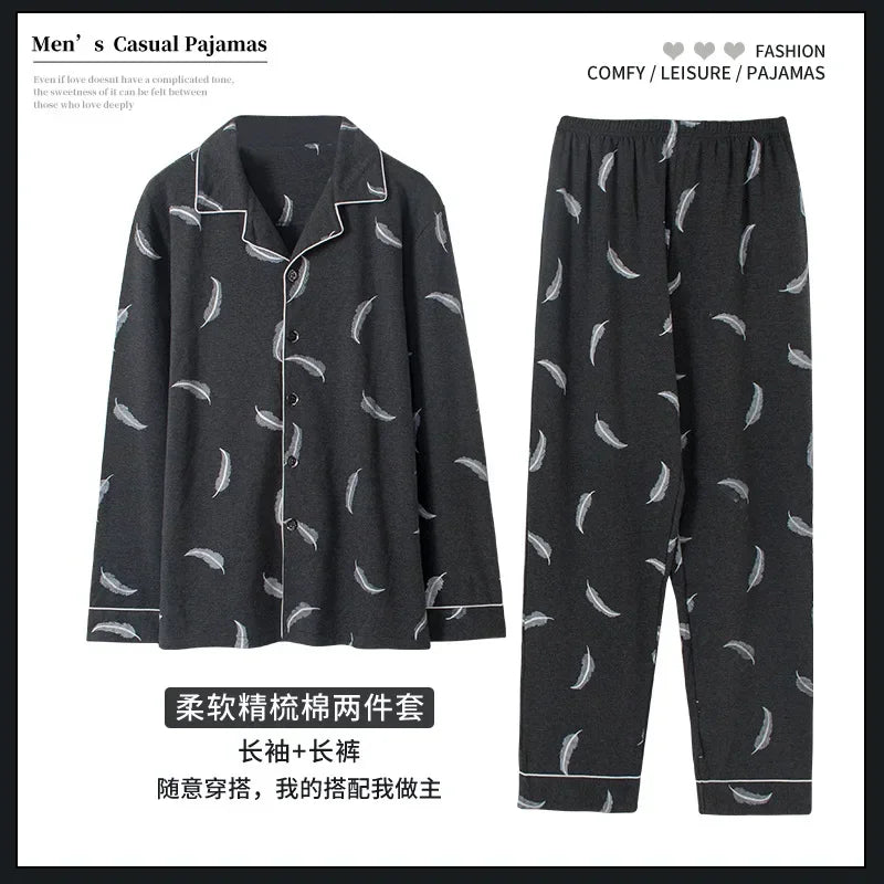 2024 Men's Pajama Sets Simple Sleepwear Long Sleeve Cotton Top Pant Leisure Outwear Soft Autumn Winter Loungewear Plus Size 6XL