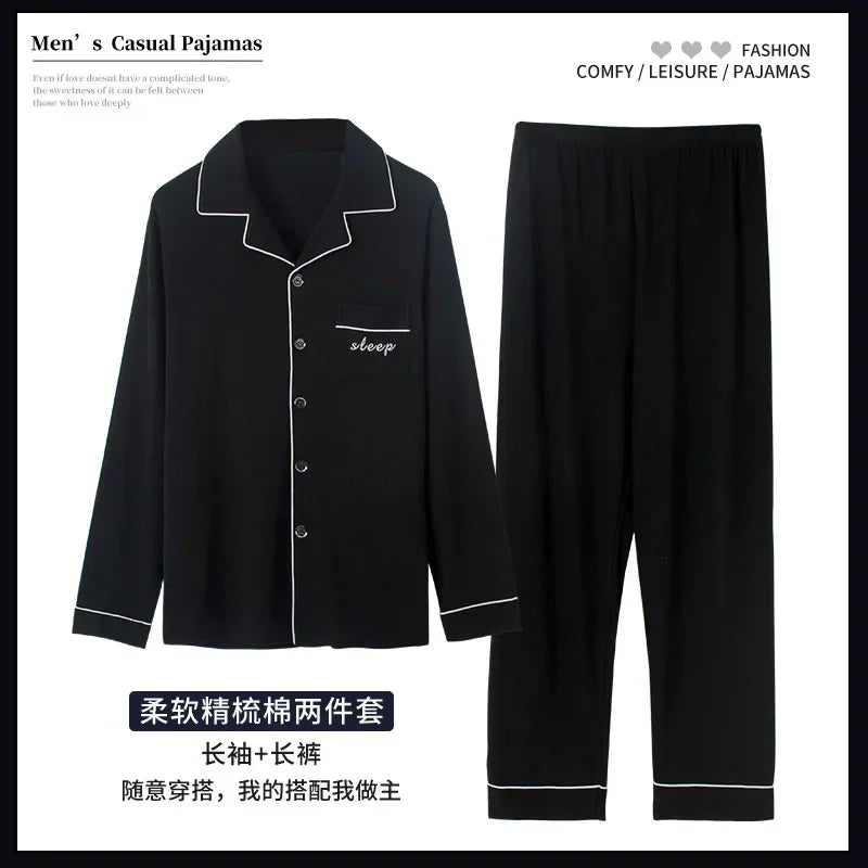 2024 Men's Pajama Sets Simple Sleepwear Long Sleeve Cotton Top Pant Leisure Outwear Soft Autumn Winter Loungewear Plus Size 6XL