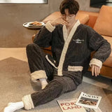 2024 Men's Warm Pajama Sets Autumn Winter Thick 2 Piece Set Flannel Sleepwear Loose Long Sleeve Solid Homewear Home Clothes Sets