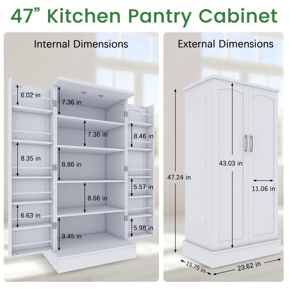 2024 New 47” Kitchen Pantry Cabinet, White Freestanding Buffet Cupboards Sideboard with Doors & Adjustable Shelves