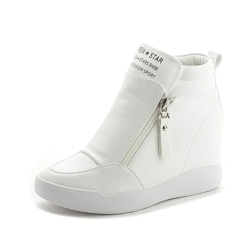 2024 New High Top Women Sneakers Autumn Winter Hidden Heel Casual Shoes Side Zip Women White Platform Wedge Rivet Shoes