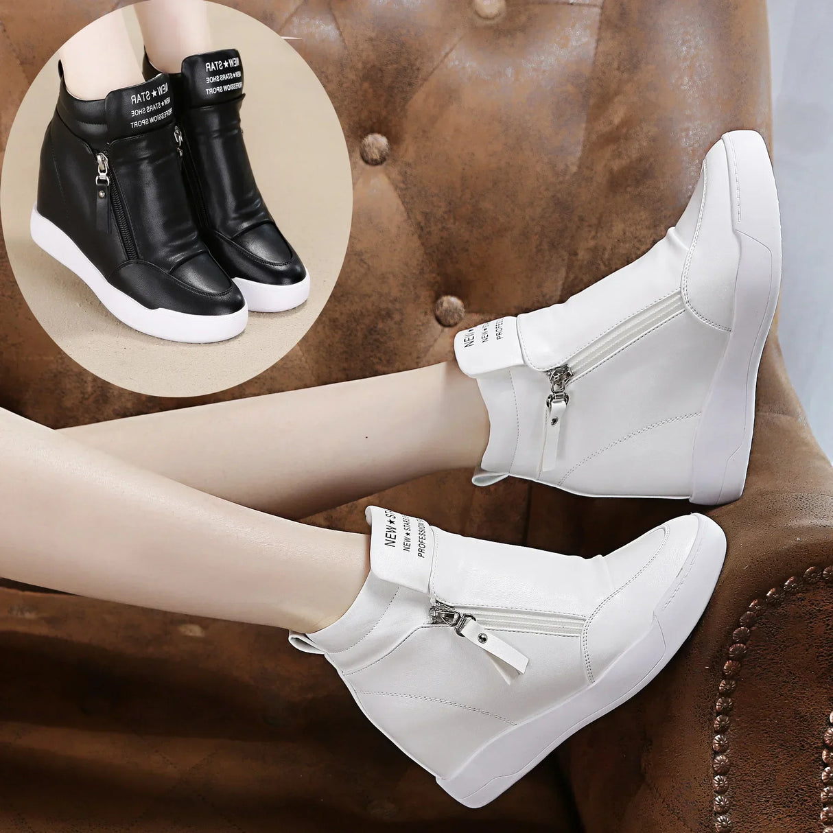 2024 New High Top Women Sneakers Autumn Winter Hidden Heel Casual Shoes Side Zip Women White Platform Wedge Rivet Shoes