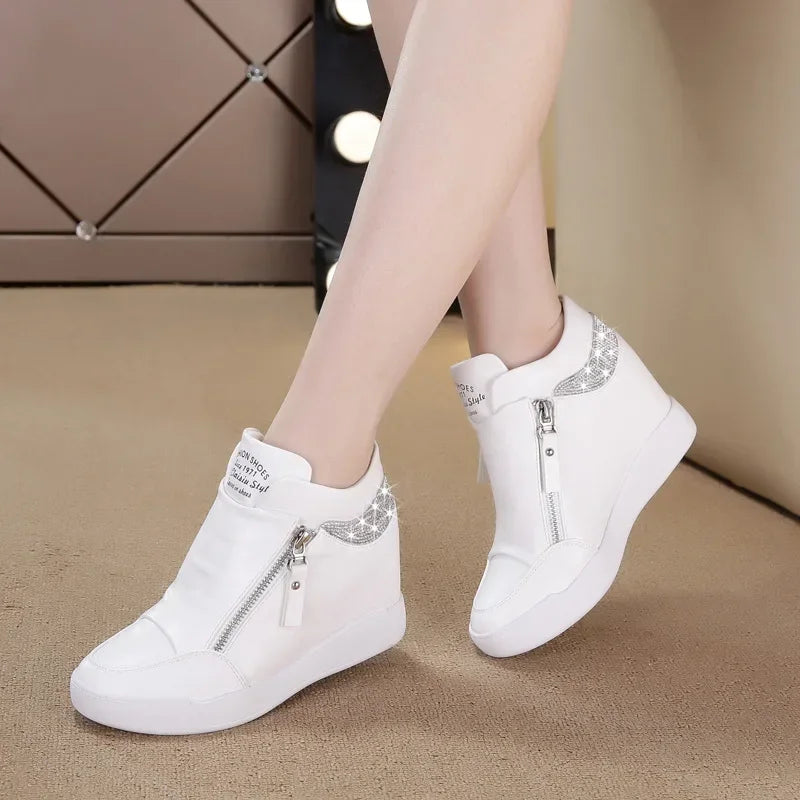 2024 New High Top Women Sneakers Autumn Winter Hidden Heel Casual Shoes Side Zip Women White Platform Wedge Rivet Shoes