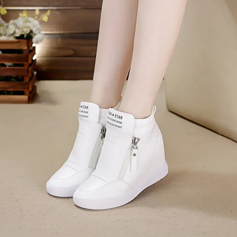 2024 New High Top Women Sneakers Autumn Winter Hidden Heel Casual Shoes Side Zip Women White Platform Wedge Rivet Shoes