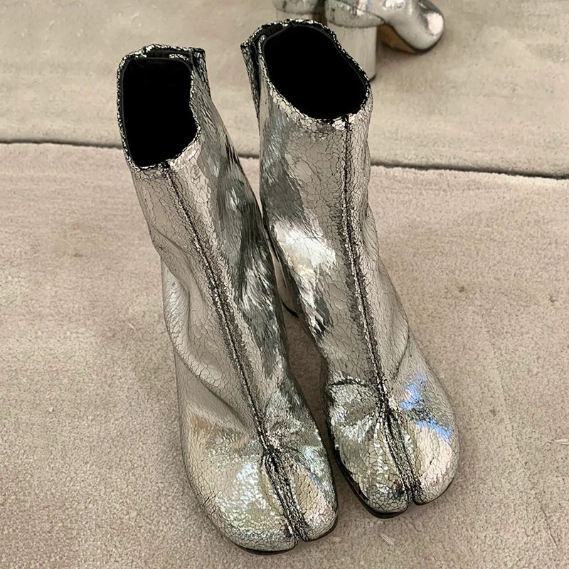 2024 New Silver Tabi Boots Split Toe Chunky High Heel Women Boots Leather Zapatos Mujer Fashion Autumn Women Shoes Botas Mujer