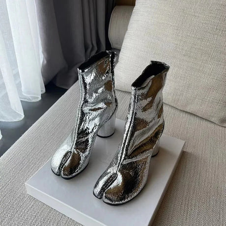 2024 New Silver Tabi Boots Split Toe Chunky High Heel Women Boots Leather Zapatos Mujer Fashion Autumn Women Shoes Botas Mujer