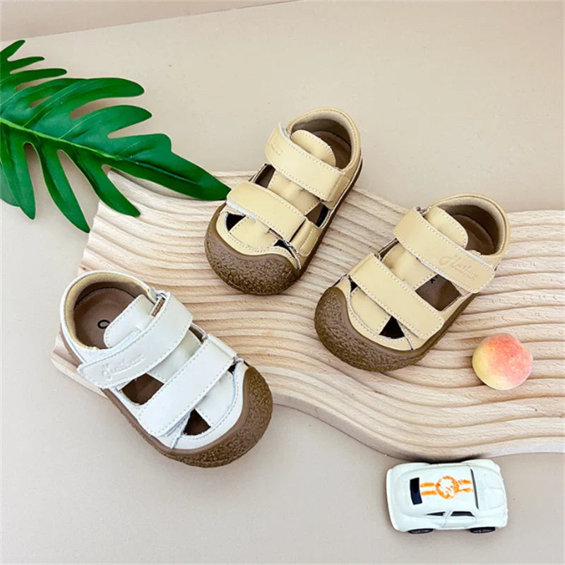 2024 New Summer Baby Shoes For Boys Leather Cut-outs Soft Sole Girls Sandals Non-slip Fashion Toddler Kids Sandals EU 15-25