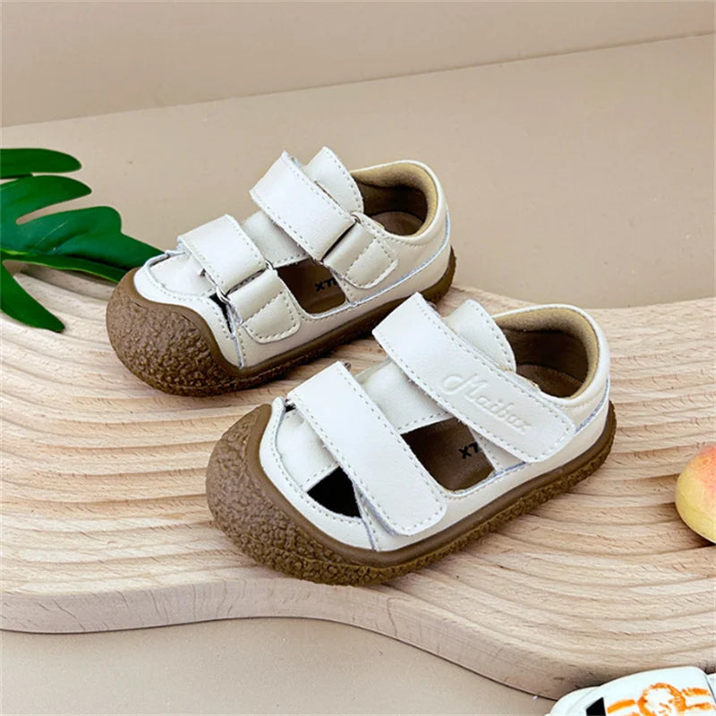 2024 New Summer Baby Shoes For Boys Leather Cut-outs Soft Sole Girls Sandals Non-slip Fashion Toddler Kids Sandals EU 15-25