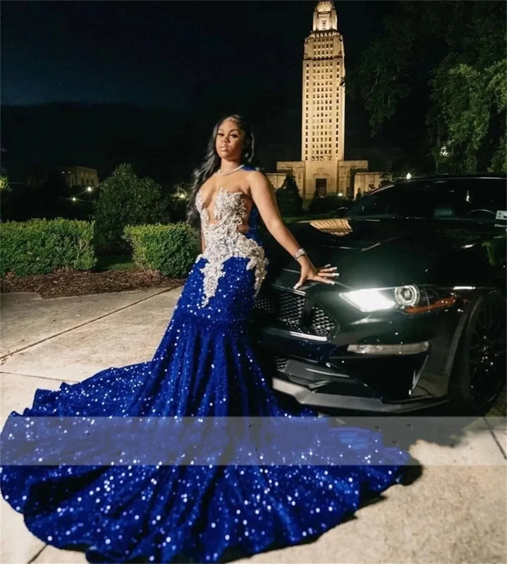 2024 Royal Blue Sequins Beaded Appliques Prom Dresses For Black Girls Sheer Neck Sweep Train Mermaid Formal Occasion Gowns