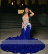 2024 Royal Blue Sequins Beaded Appliques Prom Dresses For Black Girls Sheer Neck Sweep Train Mermaid Formal Occasion Gowns