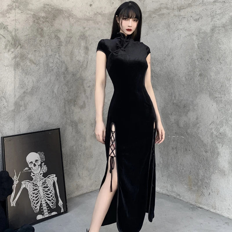 2024 Vintage Black Bandage Chinese Style Cheongsam High Split Velvet Dress Spring Retro Long Qipao Gothic Women Aesthetic Dress