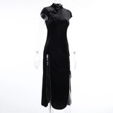 2024 Vintage Black Bandage Chinese Style Cheongsam High Split Velvet Dress Spring Retro Long Qipao Gothic Women Aesthetic Dress