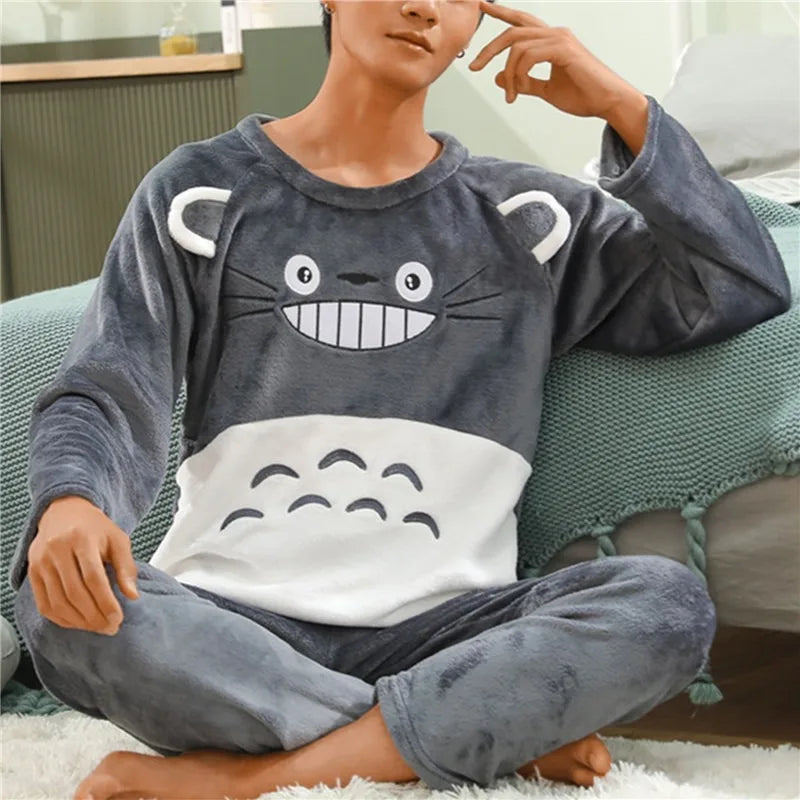 2024 Winter Men Fleece Casual Long Sleeve Pajamas Set Coral Velvet Cute Cartoon Sleepwear Couple Plush Thicken Warm Homewear