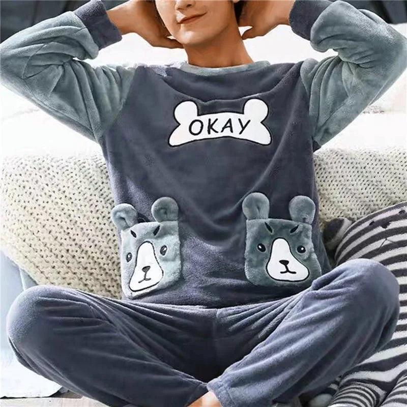 2024 Winter Men Fleece Casual Long Sleeve Pajamas Set Coral Velvet Cute Cartoon Sleepwear Couple Plush Thicken Warm Homewear