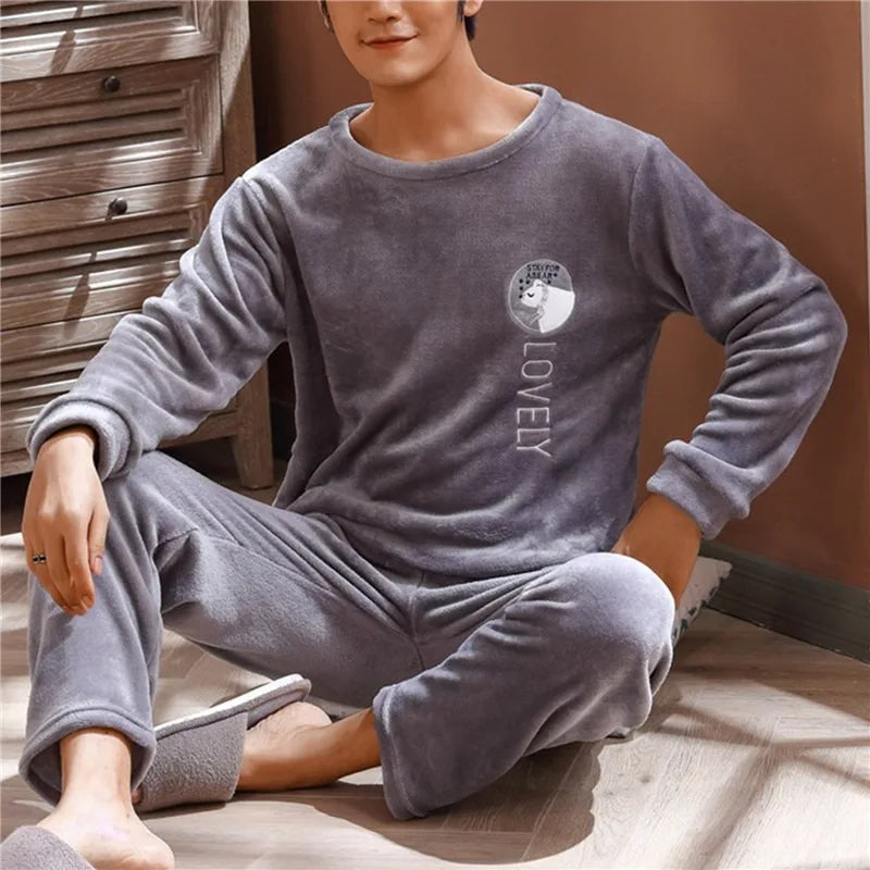 2024 Winter Men Fleece Casual Long Sleeve Pajamas Set Coral Velvet Cute Cartoon Sleepwear Couple Plush Thicken Warm Homewear