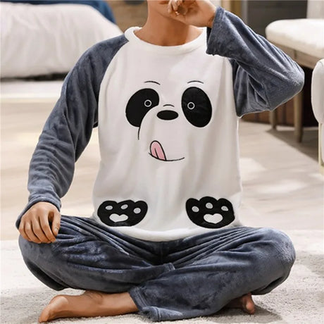 2024 Winter Men Fleece Casual Long Sleeve Pajamas Set Coral Velvet Cute Cartoon Sleepwear Couple Plush Thicken Warm Homewear