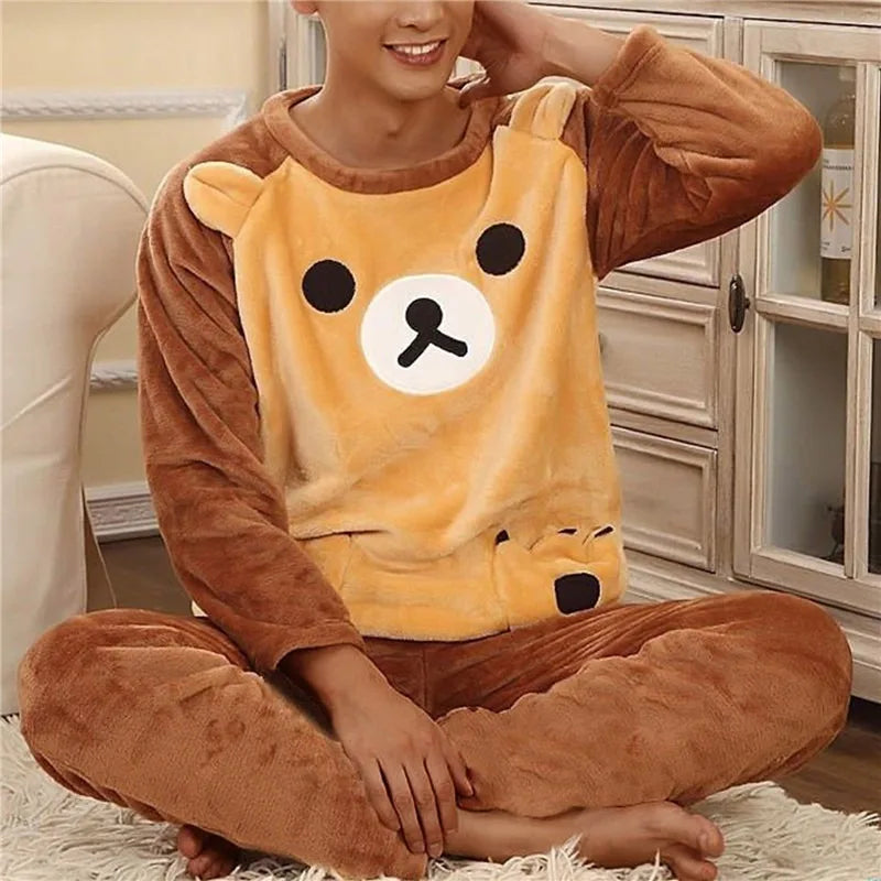 2024 Winter Men Fleece Casual Long Sleeve Pajamas Set Coral Velvet Cute Cartoon Sleepwear Couple Plush Thicken Warm Homewear