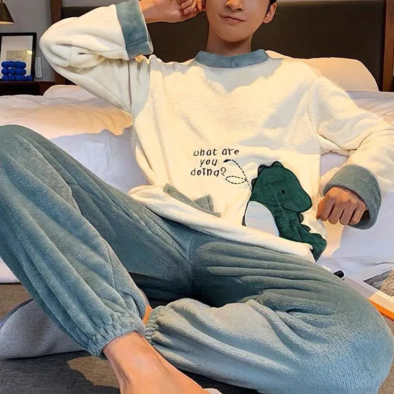 2024 Winter Men Fleece Casual Long Sleeve Pajamas Set Coral Velvet Cute Cartoon Sleepwear Couple Plush Thicken Warm Homewear