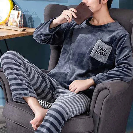 2024 Winter Men Fleece Casual Long Sleeve Pajamas Set Coral Velvet Cute Cartoon Sleepwear Couple Plush Thicken Warm Homewear