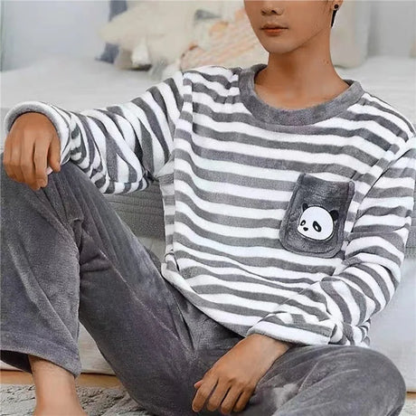 2024 Winter Men Fleece Casual Long Sleeve Pajamas Set Coral Velvet Cute Cartoon Sleepwear Couple Plush Thicken Warm Homewear