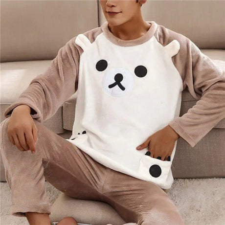 2024 Winter Men Fleece Casual Long Sleeve Pajamas Set Coral Velvet Cute Cartoon Sleepwear Couple Plush Thicken Warm Homewear