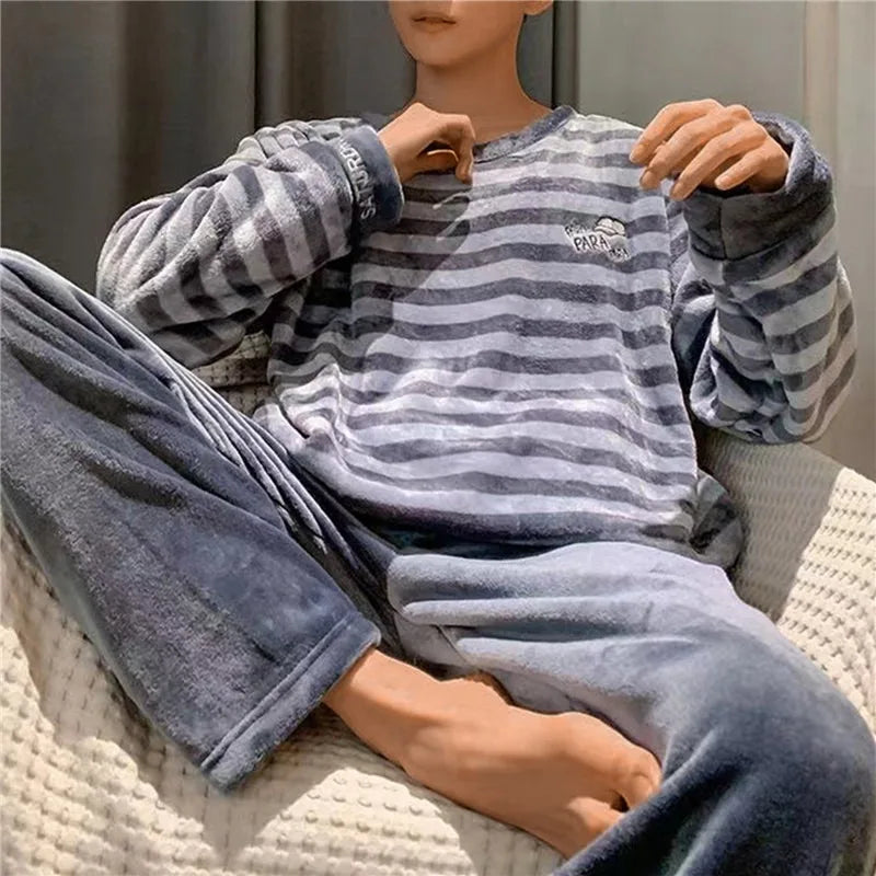 2024 Winter Men Fleece Casual Long Sleeve Pajamas Set Coral Velvet Cute Cartoon Sleepwear Couple Plush Thicken Warm Homewear