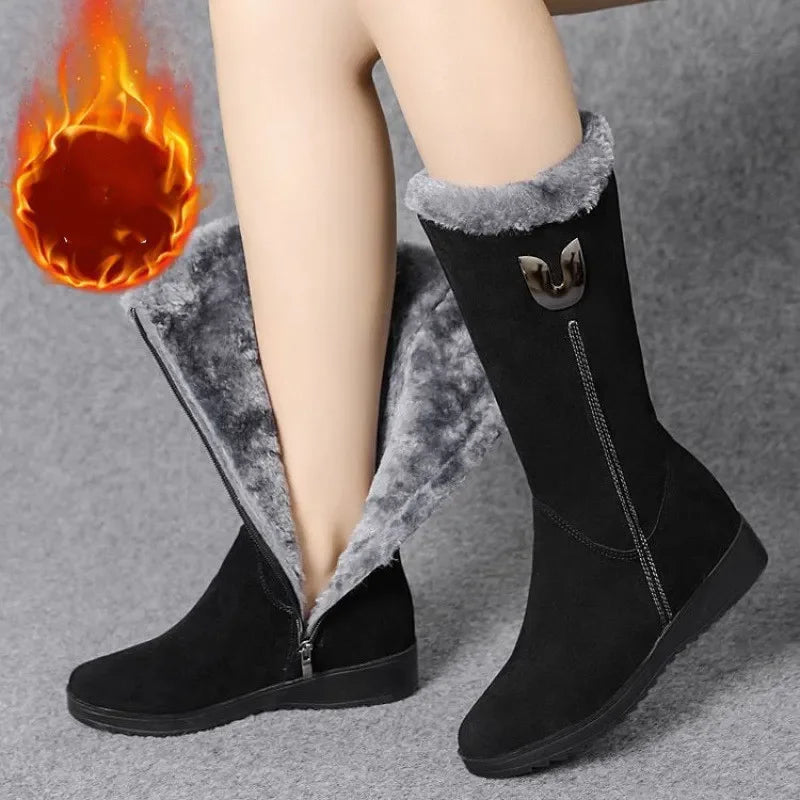 2024 Winter Warm Chelsea High Fur Boots Women  Shoes for Women Chunky Mid-calf Plush Snow Flat Boots ZIP Fashion Botas Mujer