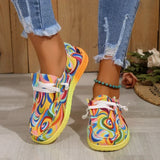 2024 Women Ethnic Rainbow Canvas Shoes Autumn New Casual Daily Ladies Flat Shoes Round Toe Multi-Color Print Lace-up Sneakers