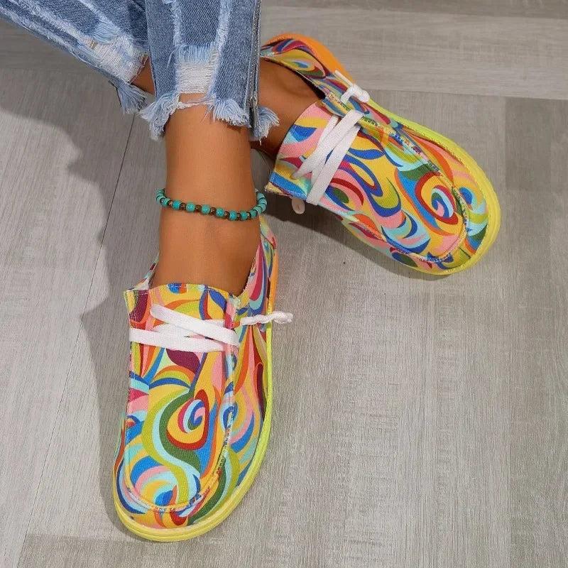 2024 Women Ethnic Rainbow Canvas Shoes Autumn New Casual Daily Ladies Flat Shoes Round Toe Multi-Color Print Lace-up Sneakers