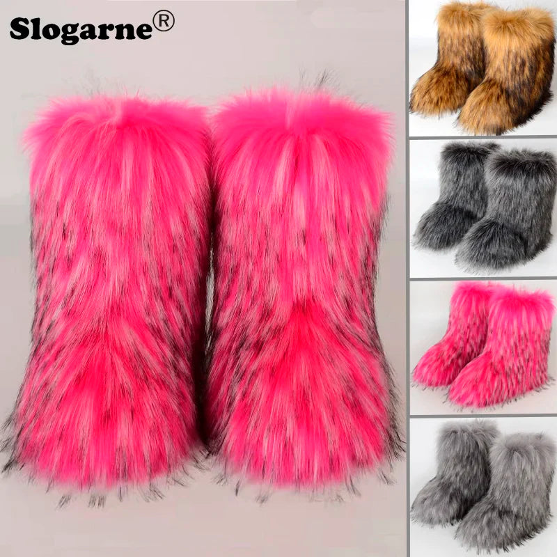 2024 Women Winter Fluffy Fur Boots Woman Furry Snow Boots Plush Warm Outdoor Footwear Girls Luxury Faux Fox Fur Platform Shoes