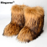 2024 Women Winter Fluffy Fur Boots Woman Furry Snow Boots Plush Warm Outdoor Footwear Girls Luxury Faux Fox Fur Platform Shoes