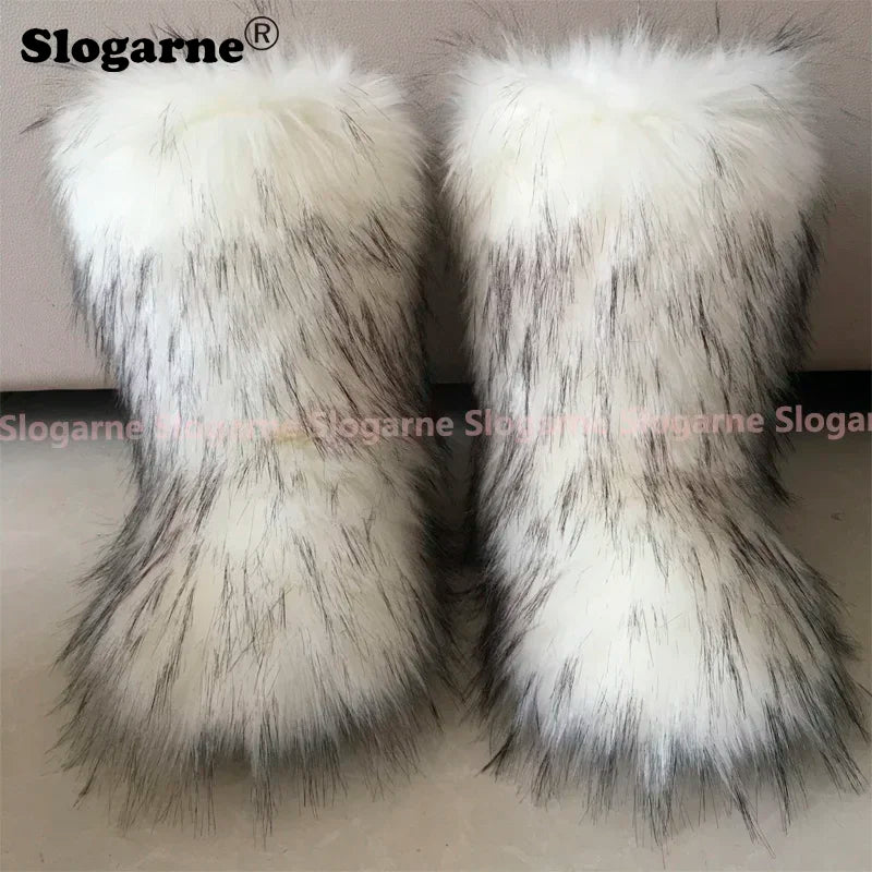 2024 Women Winter Fluffy Fur Boots Woman Furry Snow Boots Plush Warm Outdoor Footwear Girls Luxury Faux Fox Fur Platform Shoes