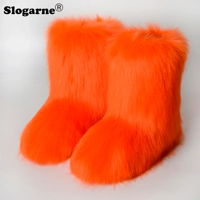 2024 Women Winter Fluffy Fur Boots Woman Furry Snow Boots Plush Warm Outdoor Footwear Girls Luxury Faux Fox Fur Platform Shoes