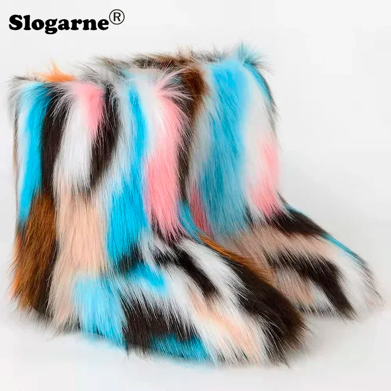 2024 Women Winter Fluffy Fur Boots Woman Furry Snow Boots Plush Warm Outdoor Footwear Girls Luxury Faux Fox Fur Platform Shoes