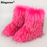 2024 Women Winter Fluffy Fur Boots Woman Furry Snow Boots Plush Warm Outdoor Footwear Girls Luxury Faux Fox Fur Platform Shoes