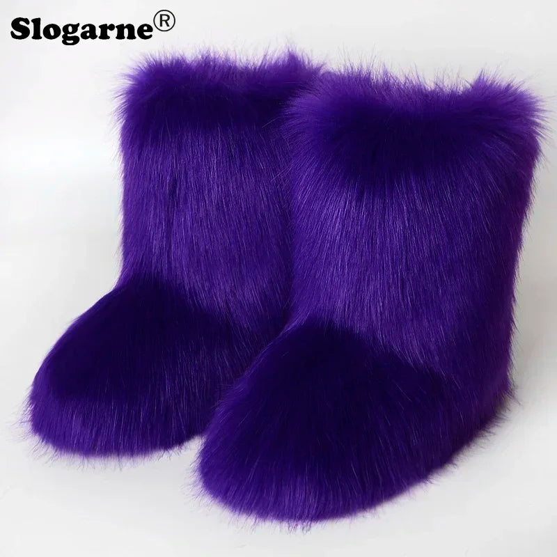 2024 Women Winter Fluffy Fur Boots Woman Furry Snow Boots Plush Warm Outdoor Footwear Girls Luxury Faux Fox Fur Platform Shoes