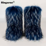 2024 Women Winter Fluffy Fur Boots Woman Furry Snow Boots Plush Warm Outdoor Footwear Girls Luxury Faux Fox Fur Platform Shoes