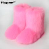 2024 Women Winter Fluffy Fur Boots Woman Furry Snow Boots Plush Warm Outdoor Footwear Girls Luxury Faux Fox Fur Platform Shoes