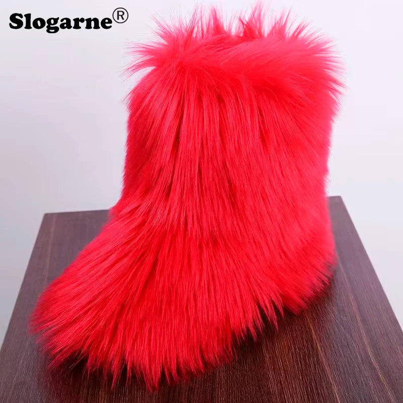 2024 Women Winter Fluffy Fur Boots Woman Furry Snow Boots Plush Warm Outdoor Footwear Girls Luxury Faux Fox Fur Platform Shoes